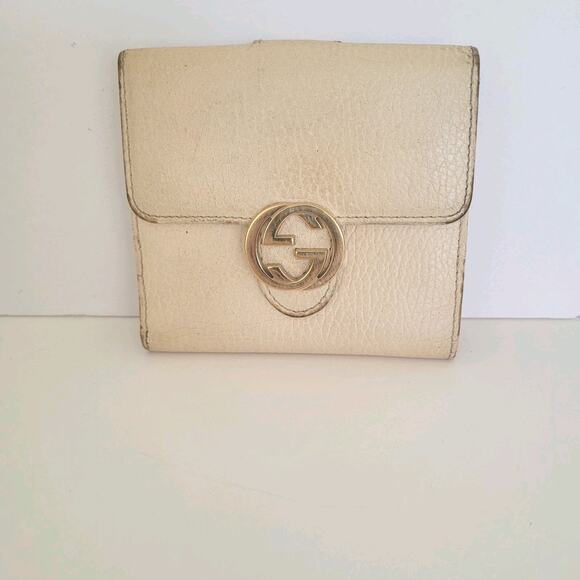 Gucci Interlocking Grain Leather Card Wallet Medium Bifold Cream Designer Unisex - Picture 1 of 12